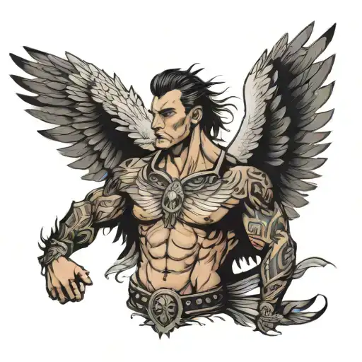 a man with eagle face and big wings and muscular body   tattoo design idea