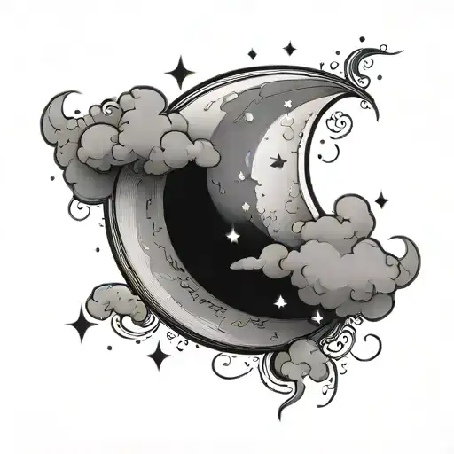 moon with stars and clouds floating tattoo design idea