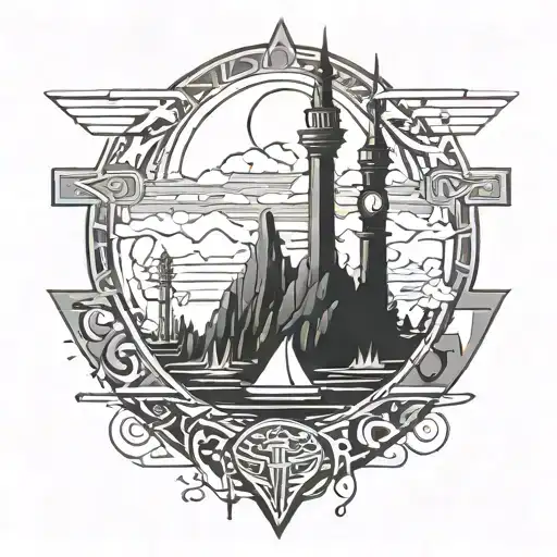 Sword, hourglass, cross on the cliff tattoo design idea