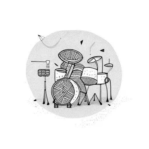 A drum set surrounded by intricate tribal patterns tattoo design idea