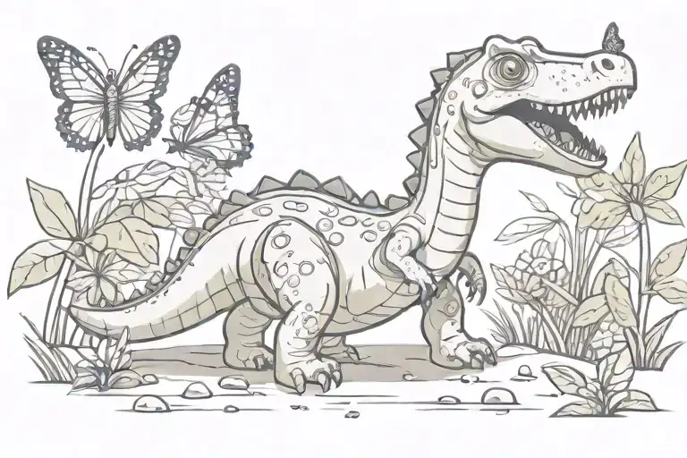 cute dinosaur with butterfly perched tattoo design idea