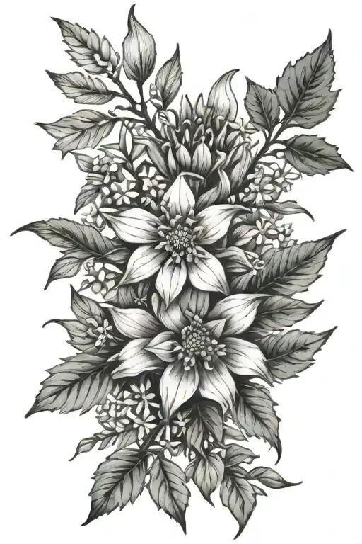 oak, edelweiss, ivy and angelica flower bouquet tattoo design idea
