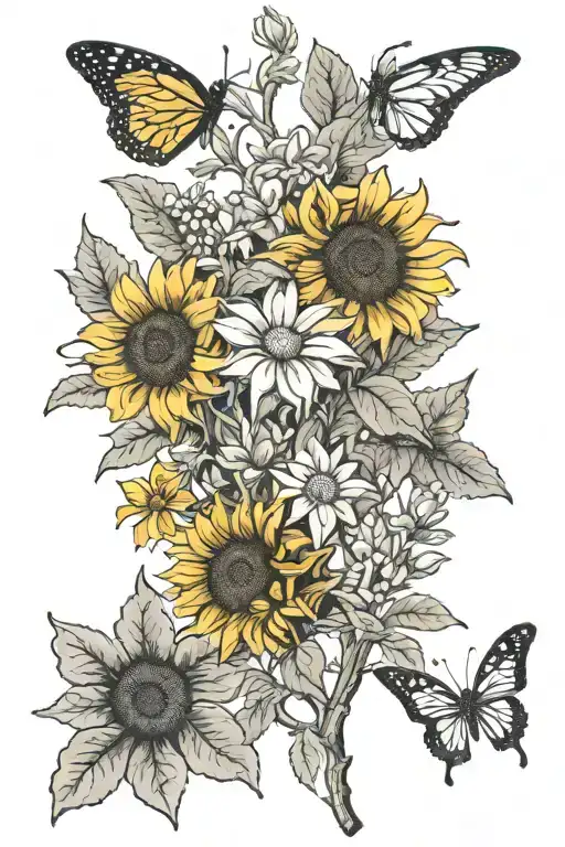 oak, edelweiss, sunflower, and angelica fine line tattoo tattoo design idea