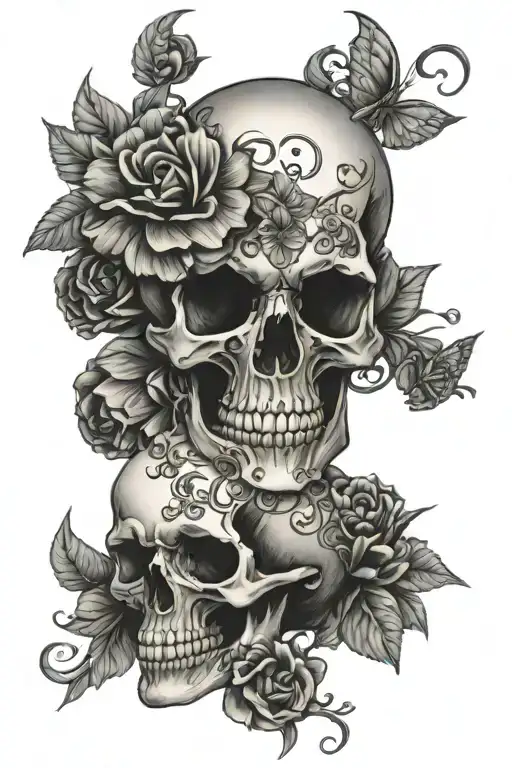 skull music flowers intertwined tattoo design idea