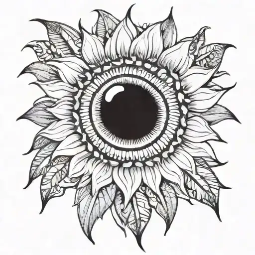 sunflower with a realistic eyeball in the middle, along with the eyelids coming out of the sunflower tattoo design idea