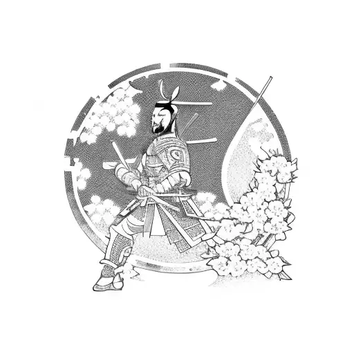 A powerful samurai warrior standing beneath a blooming cherry blossom tree that runs down arm tattoo design idea