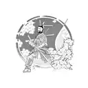 A powerful samurai warrior standing beneath a blooming cherry blossom tree that runs down arm tattoo design idea