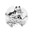 A powerful samurai warrior standing beneath a blooming cherry blossom tree that runs down arm tattoo design idea