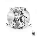 A powerful samurai warrior standing beneath a blooming cherry blossom tree that runs down arm tattoo design idea
