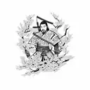 A powerful samurai warrior standing beneath a blooming cherry blossom tree that runs down arm tattoo design idea