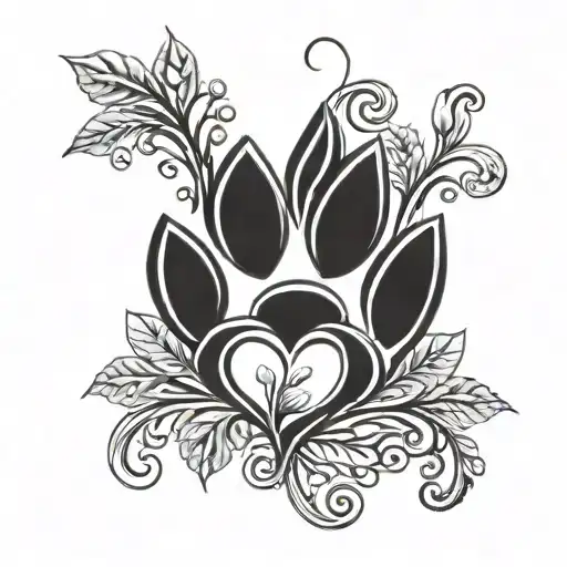 A fineline tattoo in the shape of a heart in black. Playful flower tendrils and plants and two dog paws tattoo design idea