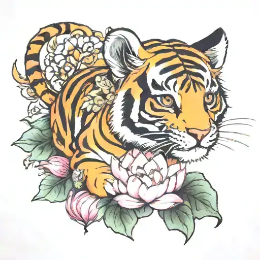 baby tiger and lotus tattoo design idea