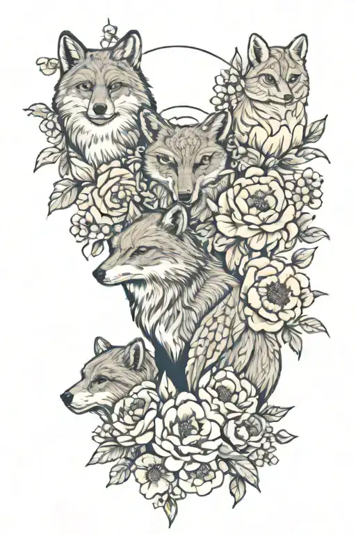 fox, owl, bear, wolf surrounded by peony poppies  tattoo design idea
