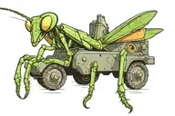 A very small praying mantis, blocking a tank with its body. tattoo design idea