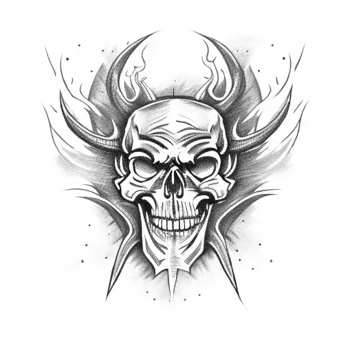 A skull-faced demon playing a wicked guitar, surrounded by flames and lightning tattoo design idea