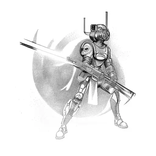 A futuristic cyborg warrior wielding a laser sword, ready for battle tattoo design idea