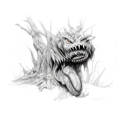 A menacing predator with sharp teeth and claws, camouflaged in a dense forest tattoo design idea