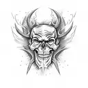 A skull-faced demon playing a wicked guitar, surrounded by flames and lightning tattoo design idea