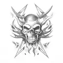 A skull-faced demon playing a wicked guitar, surrounded by flames and lightning tattoo design idea