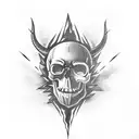 A skull-faced demon playing a wicked guitar, surrounded by flames and lightning tattoo design idea