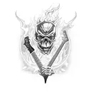 A skull-faced demon playing a wicked guitar, surrounded by flames and lightning tattoo design idea