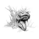 A menacing predator with sharp teeth and claws, camouflaged in a dense forest tattoo design idea