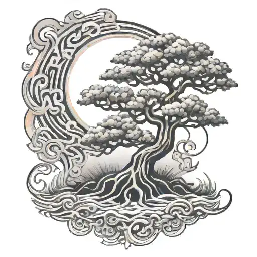 A tree with engraved Chinese letters surrounded by rainbows and a flaming lotus flower tattoo design idea