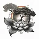 A lotus flower on fire under a large tree surrounded by a rainbow  tattoo design idea