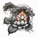 A lotus flower on fire under a large tree surrounded by a rainbow  tattoo design idea