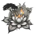 A lotus flower on fire under a large tree surrounded by a rainbow  tattoo design idea