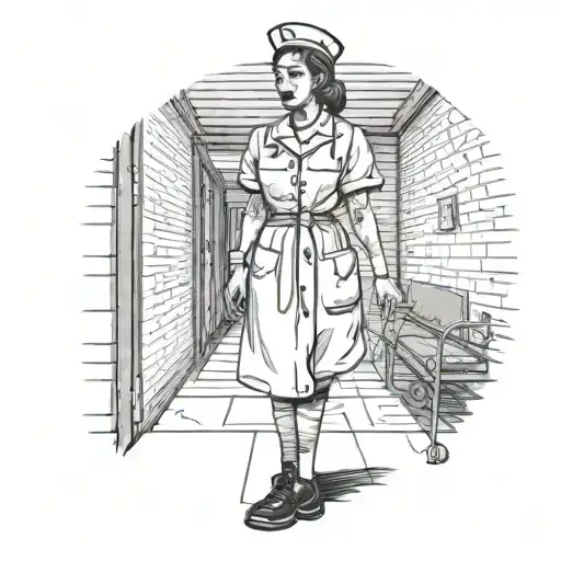 A black and grey tattoo of a nurse standing alone in a dark and eerie hospital hallway, with shadows of horror clowns lurking in the background tattoo design idea