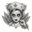 A haunting black and grey tattoo of a nurse wearing a mask, with subtle references to Joker, Harley Quinn, and minions tattoo design idea