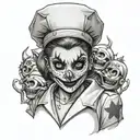 A haunting black and grey tattoo of a nurse wearing a mask, with subtle references to Joker, Harley Quinn, and minions tattoo design idea