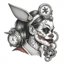 A haunting black and grey tattoo of a nurse wearing a mask, with subtle references to Joker, Harley Quinn, and minions tattoo design idea