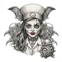 A haunting black and grey tattoo of a nurse wearing a mask, with subtle references to Joker, Harley Quinn, and minions tattoo design idea