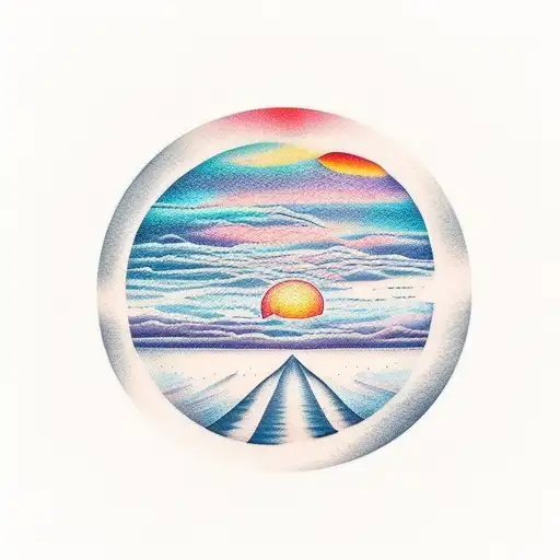 A minimalist tattoo of a sunrise over a serene landscape with the words 'Life is a Beautiful Journey' in elegant script tattoo design idea