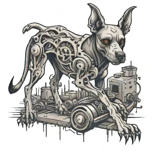 A black and grey tattoo of a zombie dog with mechanical limbs, showcasing the mechanic's love for dogs and the undead tattoo design idea