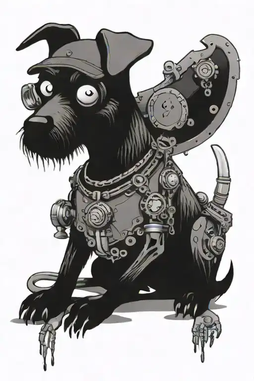 A black and grey tattoo of a zombie dog with mechanical limbs, showcasing the mechanic's love for dogs and the undead tattoo design idea