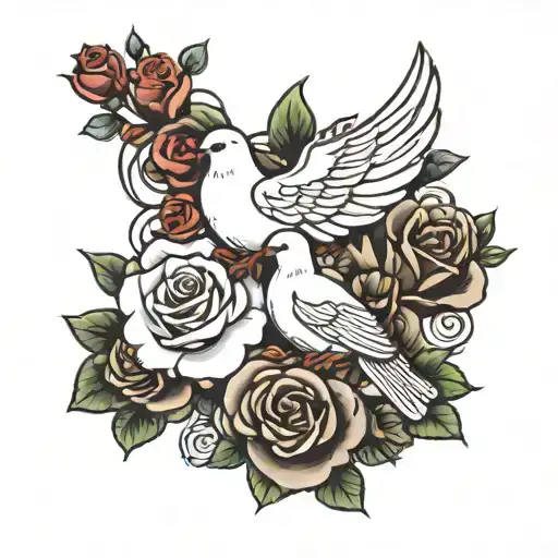 dove and rose intertwined tattoo design idea