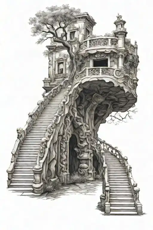 Winding stair way to heavens gates with 1 boy praying in front  tattoo design idea