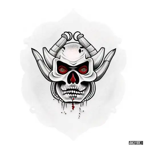 Oni with half skull face tattoo design idea