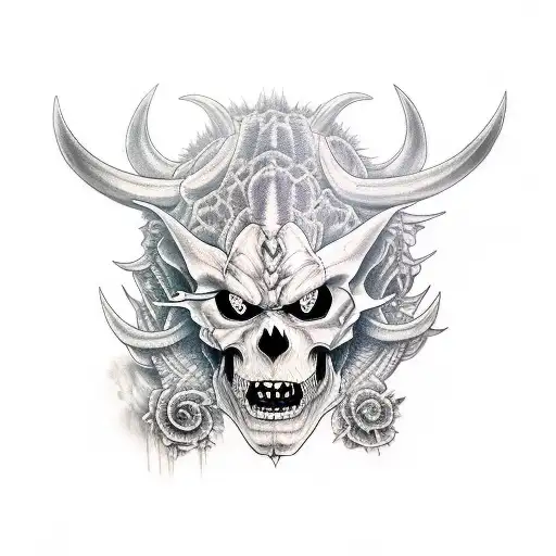 Oni demon half skull face tattoo design idea