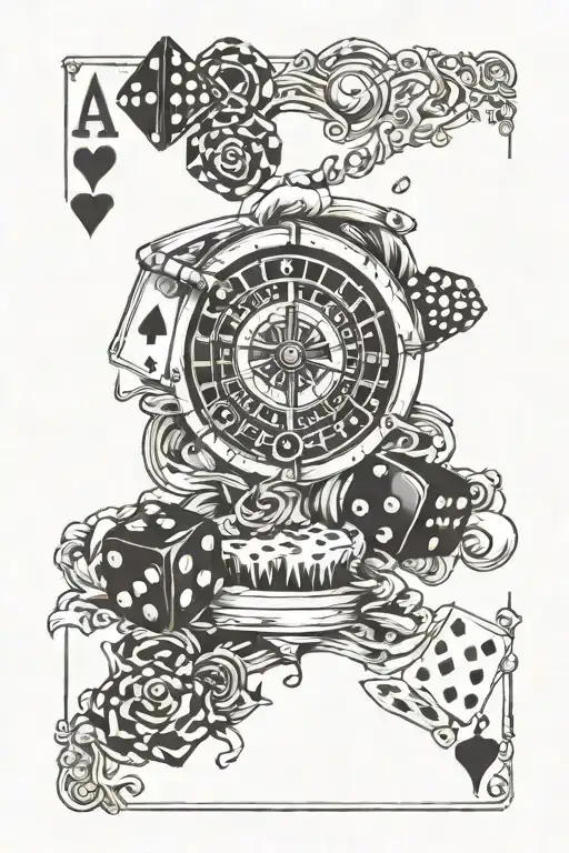 cards, dice, roulette wheel surrounded tattoo design idea