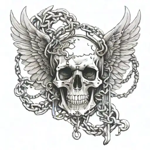 angel wings with a skull in the middle, chains entwined through the skull and wings tattoo design idea