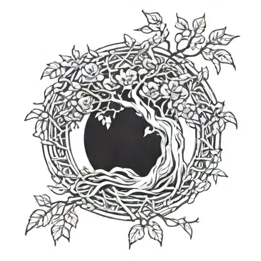 willow tree intertwined with Rowan tree and rose and ivy tattoo design idea