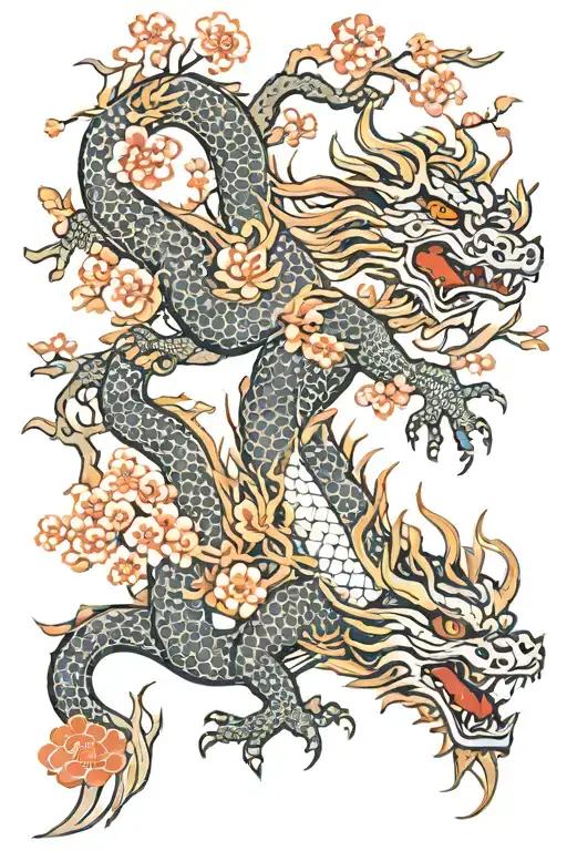 sakura tree branches and dragon tattoo design idea