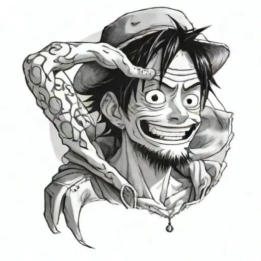 Luffy, in black and white, holding his hat, his face half shadowed and smiling tattoo design idea