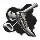 A carpenter's hammer morphing into a golf club with intricate dotwork details tattoo design idea