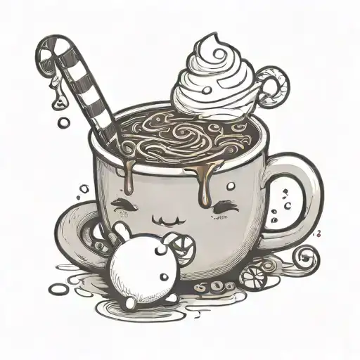 A mug of hot chocolate with a large marshmallow inside cute anthropomorphic  tattoo design idea