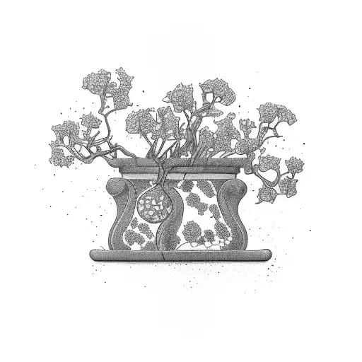 Vase with cracks and a broken piece. Inside are ivy and lavender plants tattoo design idea
